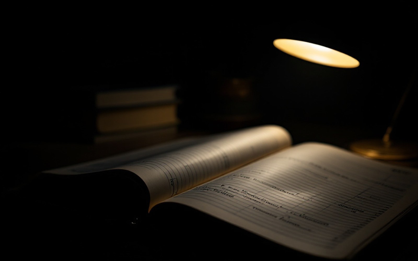 A bound ledger open under one lamp, black surround