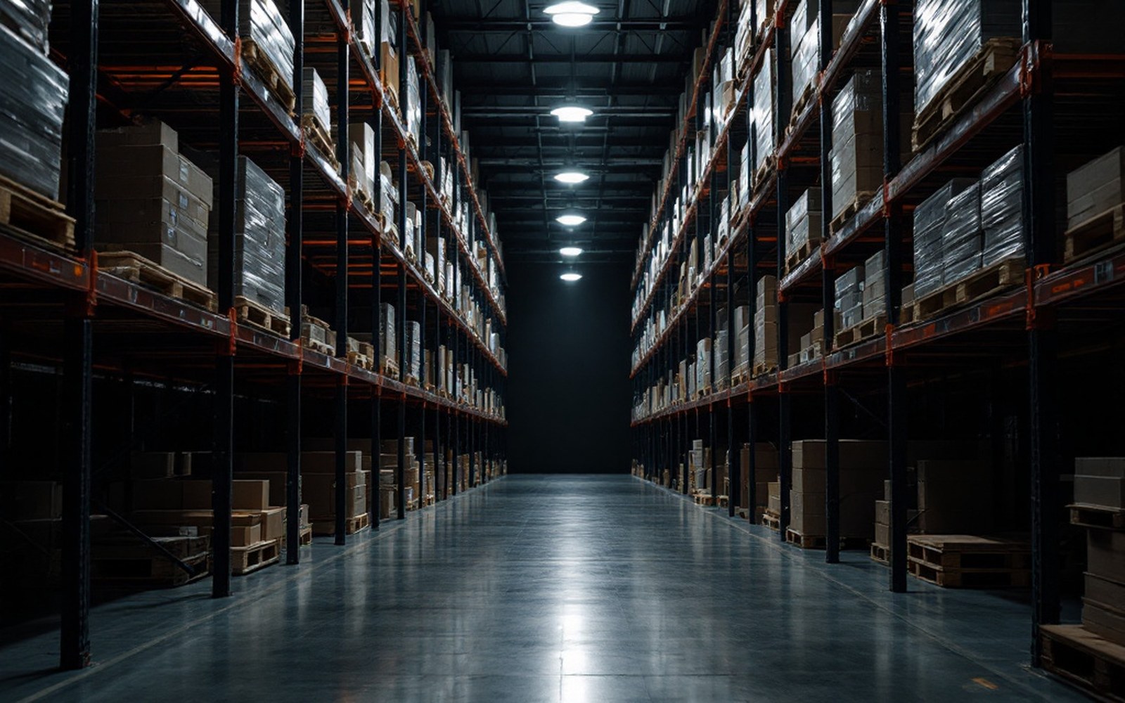 An empty warehouse aisle with racking, low light