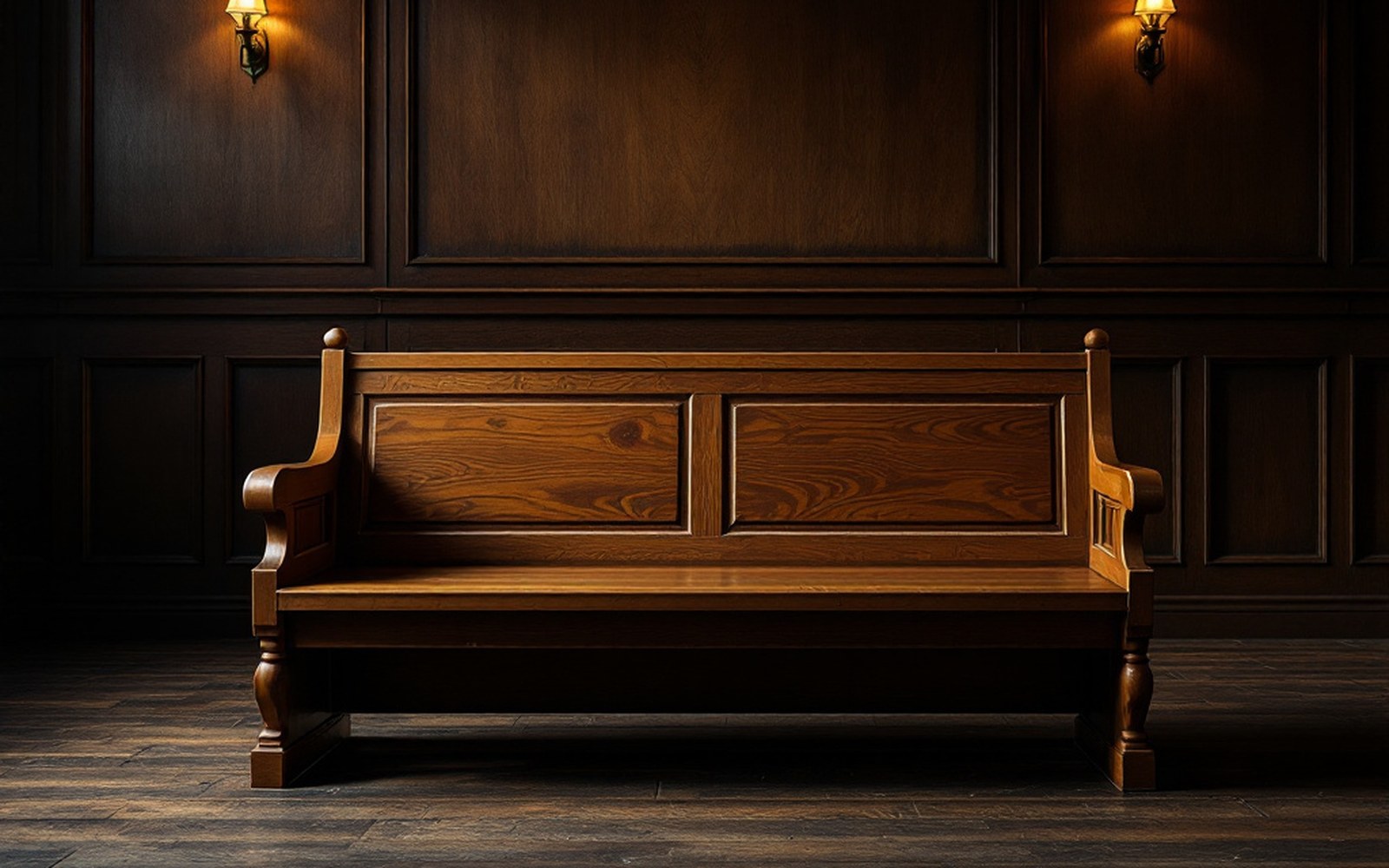 A wooden courtroom bench, empty, hard light