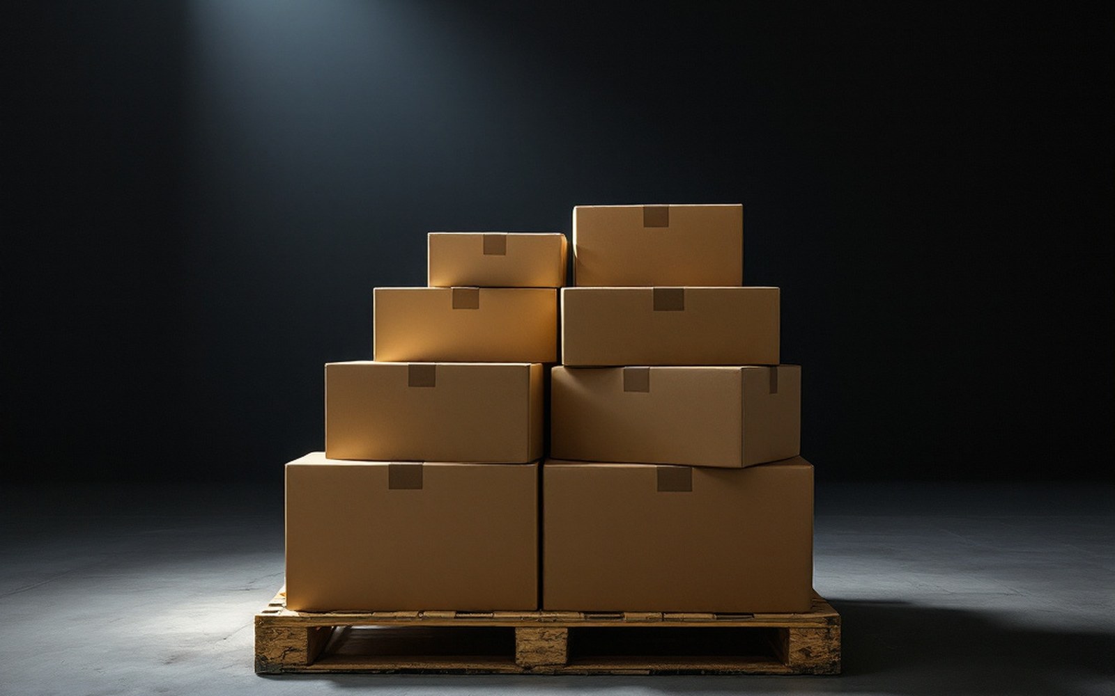 A pallet of unopened boxes under warehouse light