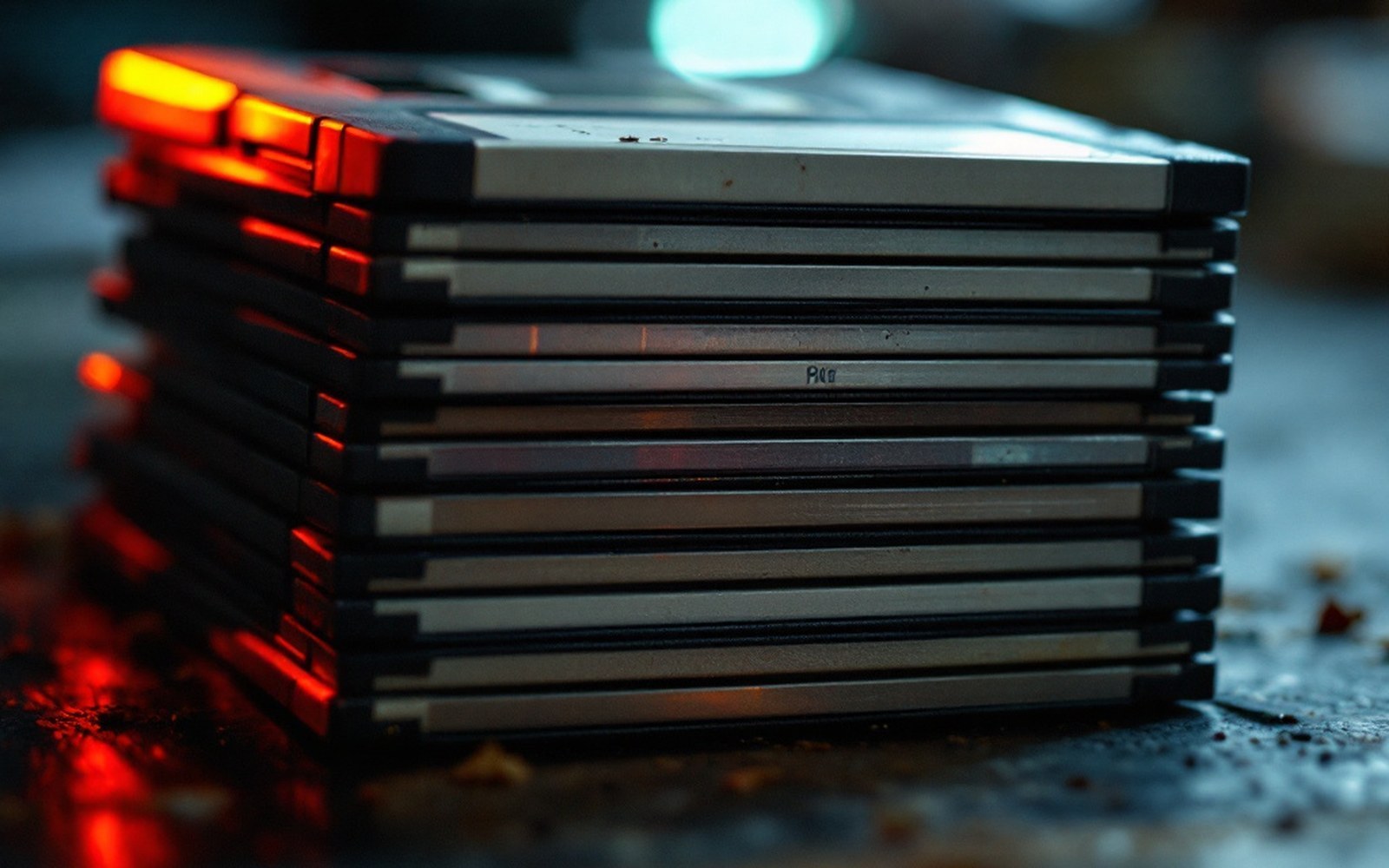 A stack of unlabelled floppy disks, macro, one light
