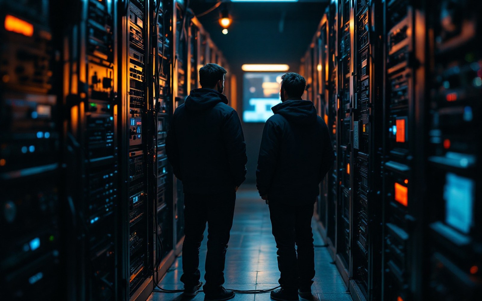 Two adults standing at a rack of equipment with a cable run between them, seen at distance in a dim aisle