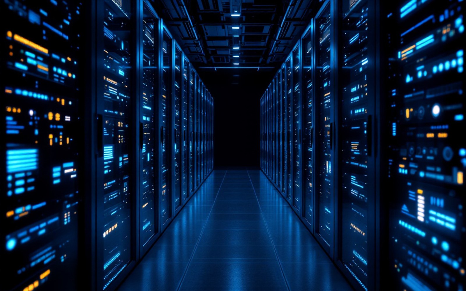 A dark server aisle vanishing to a point