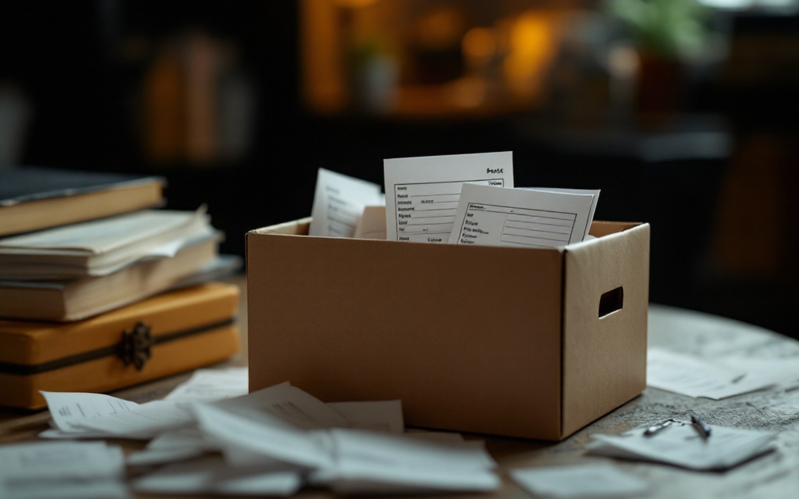 A shoebox of paper receipts, one light, close