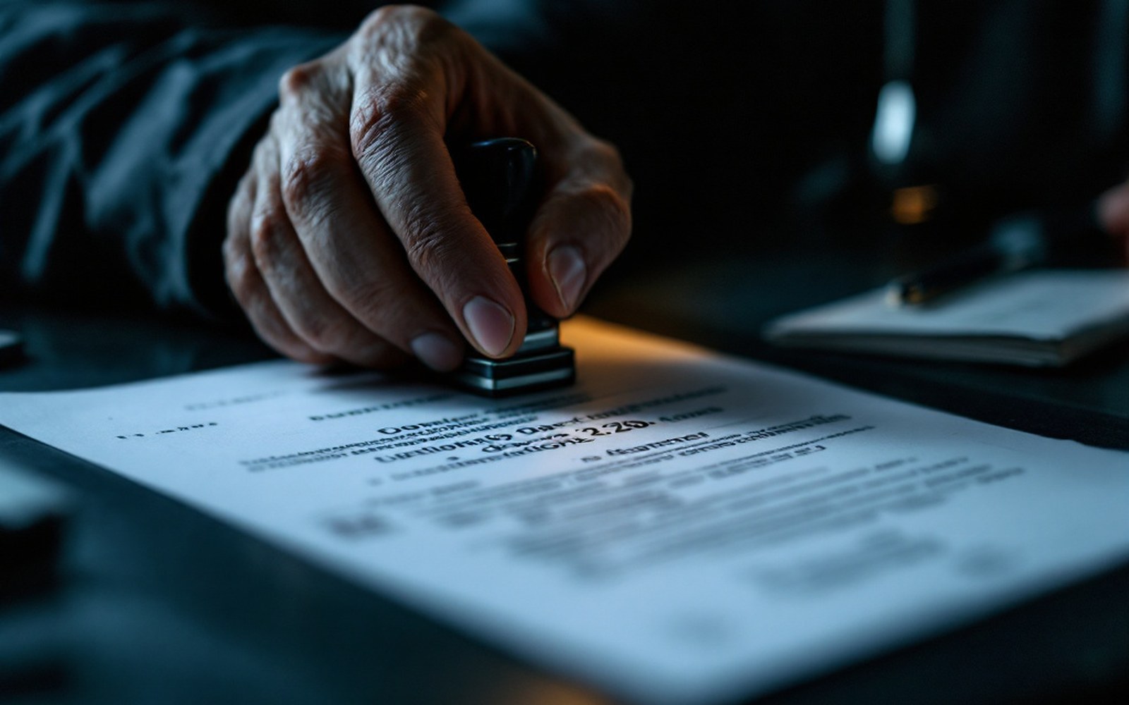 An adult hand stamping a date onto a document on a dark desk, macro, one hard light