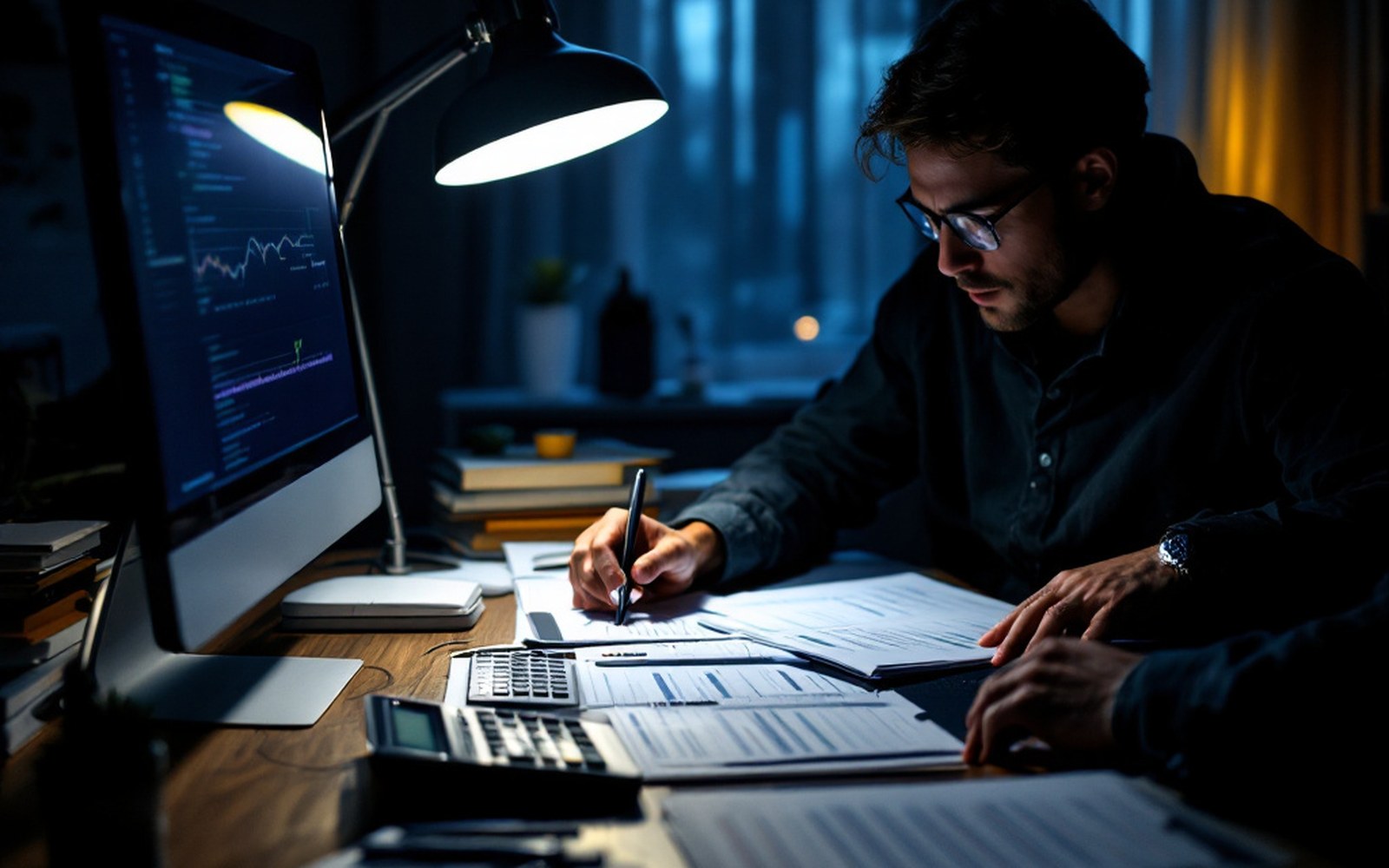 Two adults working late at one desk over an open ledger and a calculator, seen from behind and to one side, lamp light, faces not required