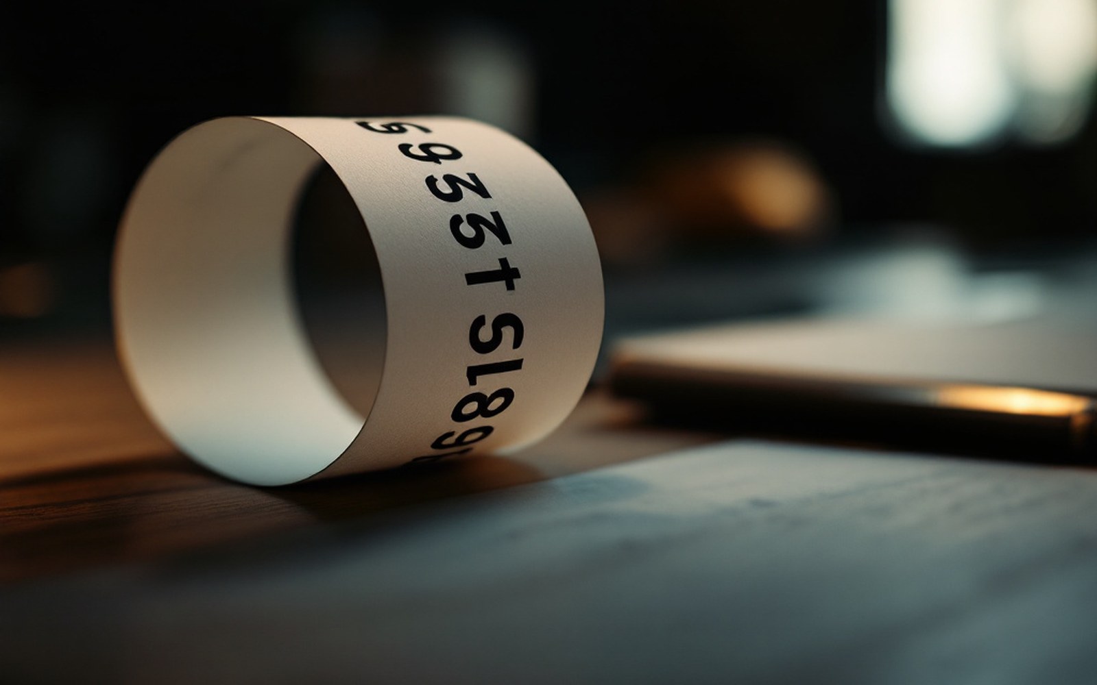 A column of small printed numbers on a narrow paper tape curling off a desk, macro, shallow depth, nothing handwritten