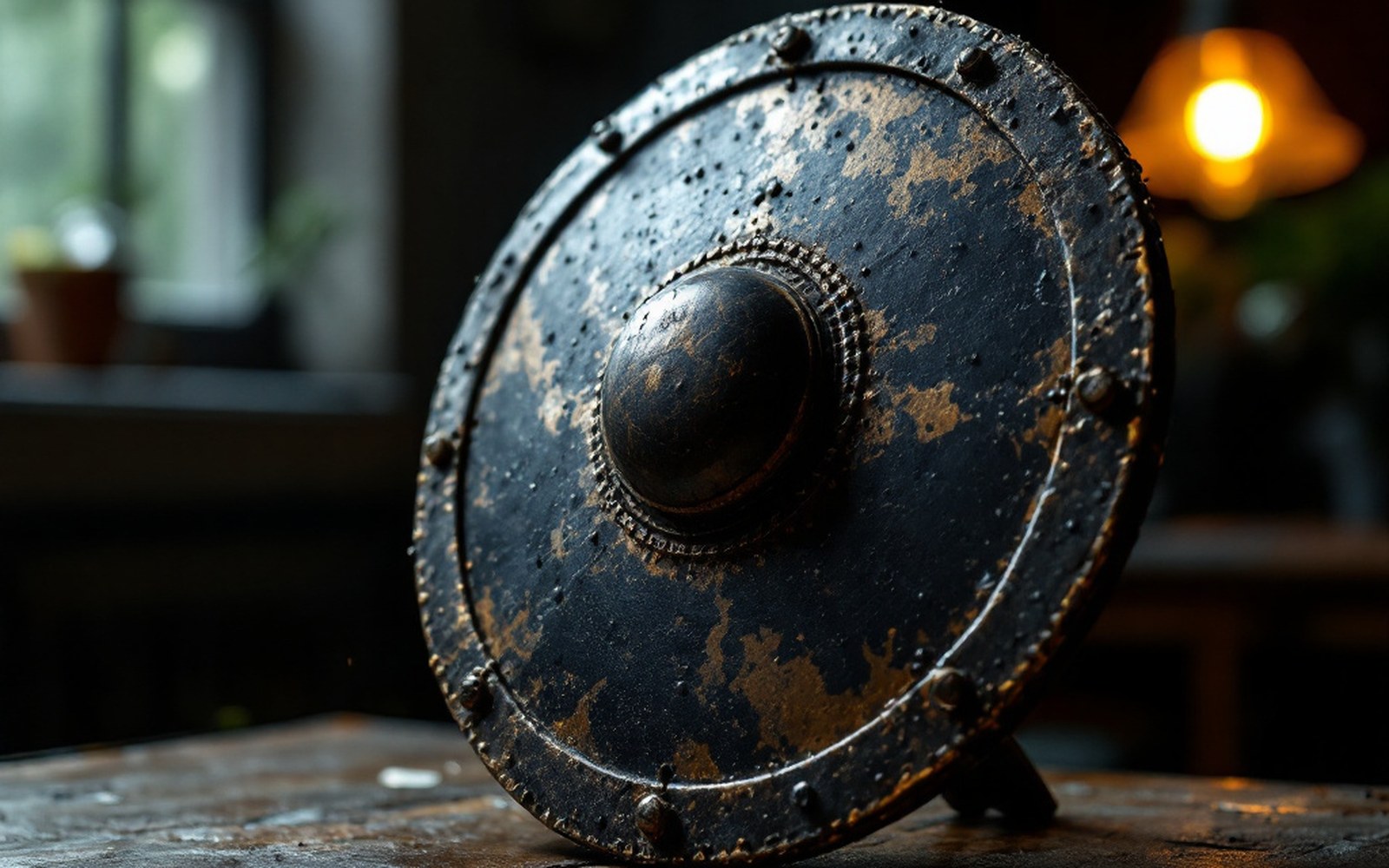 A small round shield boss, macro, raking light