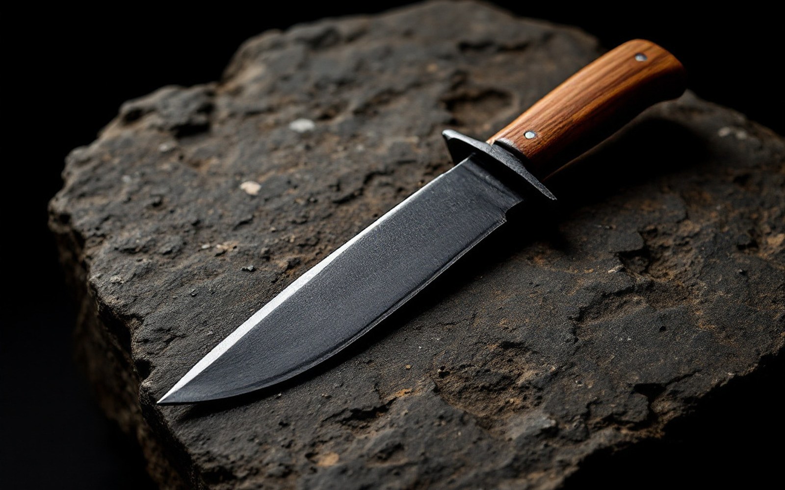 A curved single-edged short blade of dark iron with a plain wooden grip, lying on rough stone, one hard light, black surround