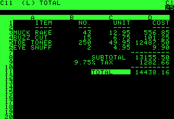 The VisiCalc worksheet on a green monochrome display, showing a costed item list and a totals block