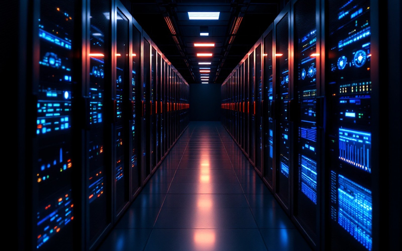 A dark server aisle with status lights, vanishing point